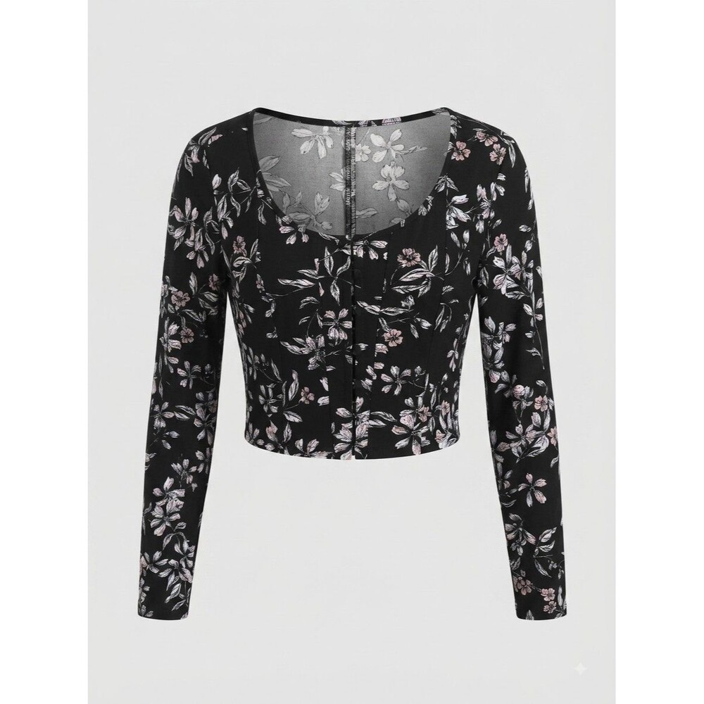GUESS Womens Floral Corset Crop Top Long Sleeve Black Pink Size M Scoop Neck